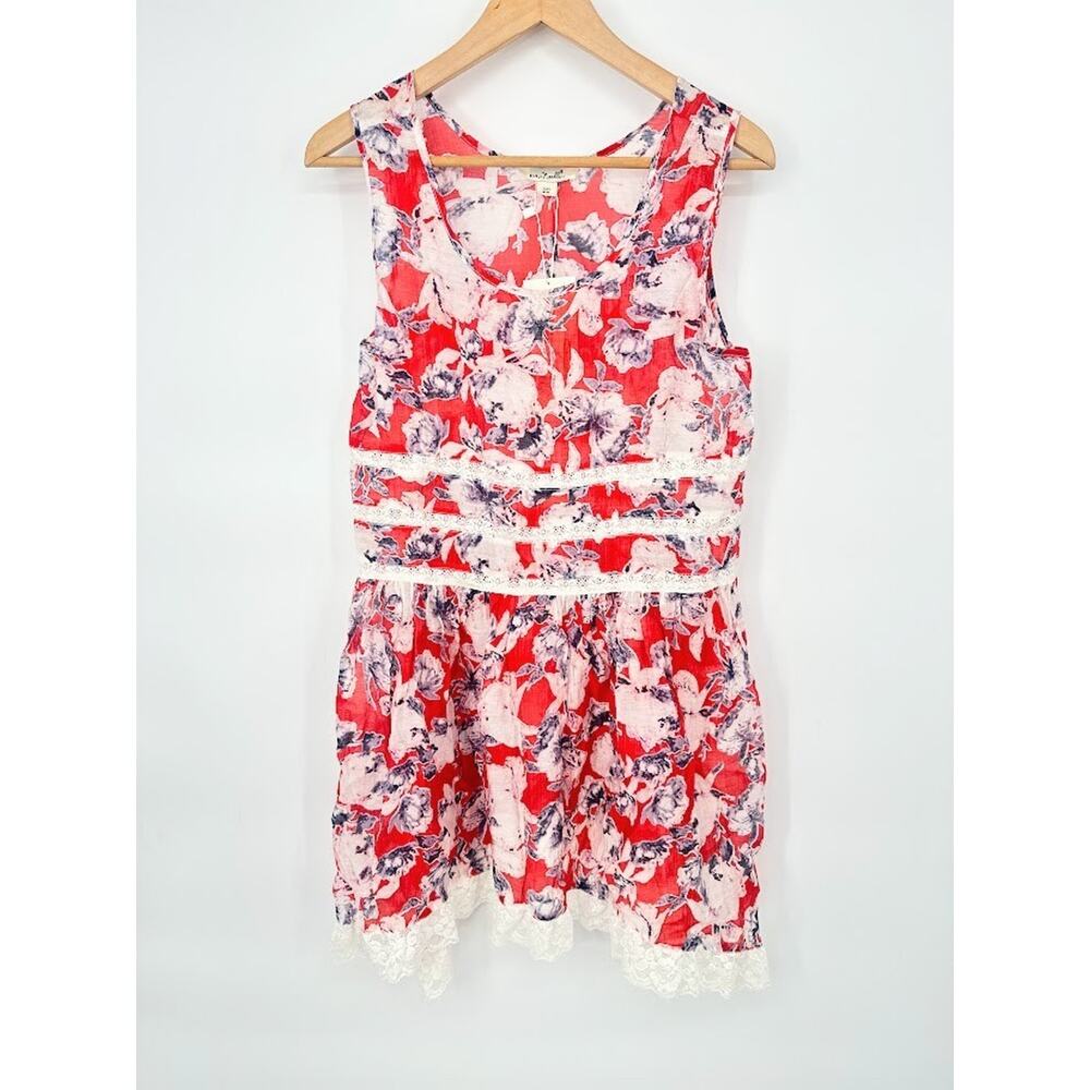 Simply Noelle Red Floral Mini Dress Small Lace Boho Feminine Tiered Pullover